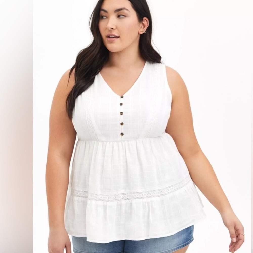 Torrid White Windowpane Lace Trim Babydoll Peplum Tank Top Blouse 14/16 Size 1
